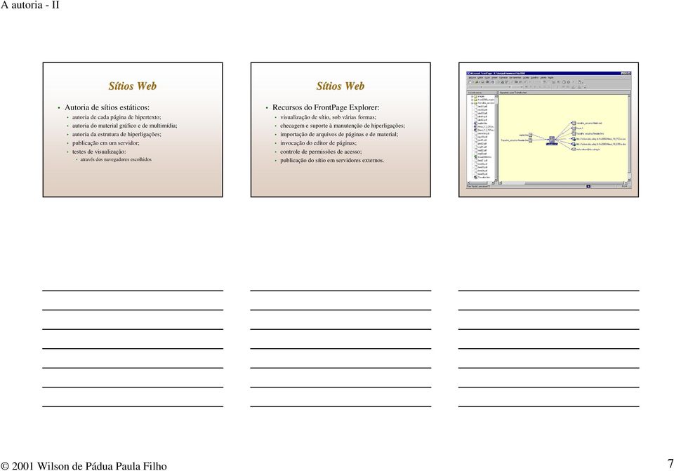 FrontPage Explorer: visualização de sítio, sob várias formas; checagem e suporte à manutenção de hiperligações; importação de