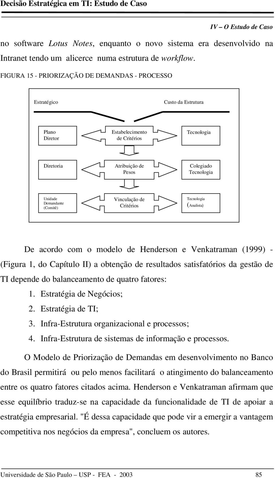 Demandante (Comitê) Vinculação de Critérios Tecnologia (Analista) ) De acordo com o modelo de Henderson e Venkatraman (1999) - (Figura 1, do Capítulo II) a obtenção de resultados satisfatórios da