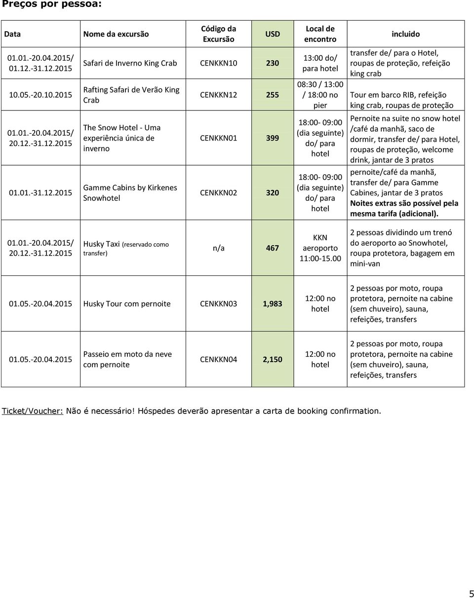 2015 10.05.-20.10.2015 20.12.2015 01.01.2015 Nome da excursão Código da Excursão USD Safari de Inverno King Crab CENKKN10 230 Rafting Safari de Verão King Crab The Snow Hotel - Uma experiência única