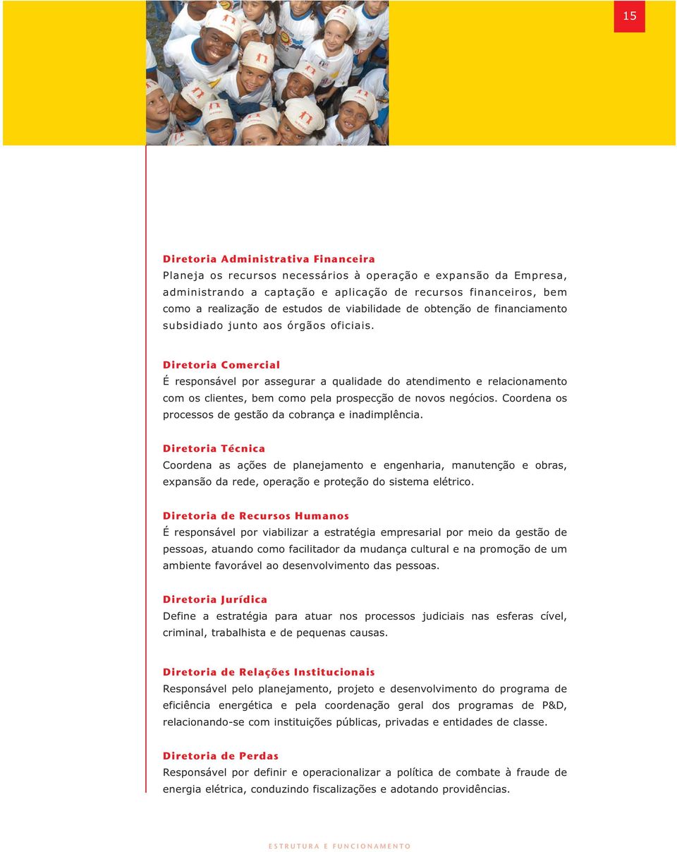 Diretoria Comercial É responsável por assegurar a qualidade do atendimento e relacionamento com os clientes, bem como pela prospecção de novos negócios.