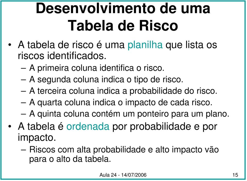 A terceira coluna indica a probabilidade do risco. A quarta coluna indica o impacto de cada risco.