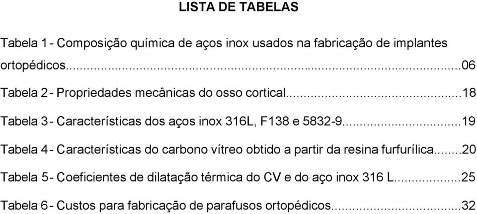 ..18 Tabela 3- Características dos aços inox 316L, F138 e 5832-9.