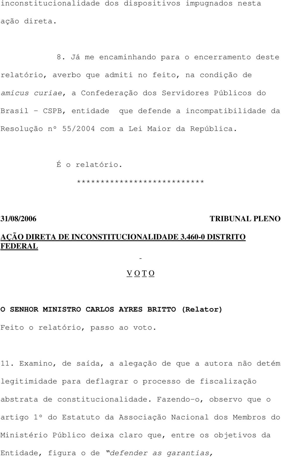 incompatibilidade da Resolução nº 55/2004 com a Lei Maior da República. É o relatório. *************************** 31/08/2006 TRIBUNAL PLENO AÇÃO DIRETA DE INCONSTITUCIONALIDADE 3.