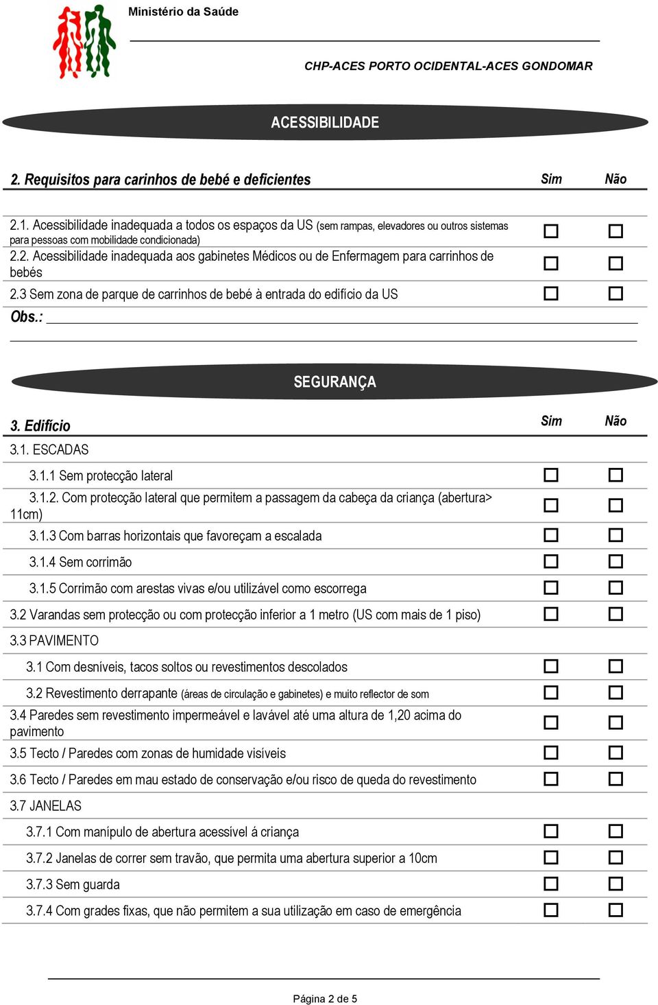 2. Acessibilidade inadequada aos gabinetes Médicos ou de Enfermagem para carrinhos de bebés 2.3 Sem zona de parque de carrinhos de bebé à entrada do edifício da US 3. Edifício Sim Não 3.1. ESCADAS 3.