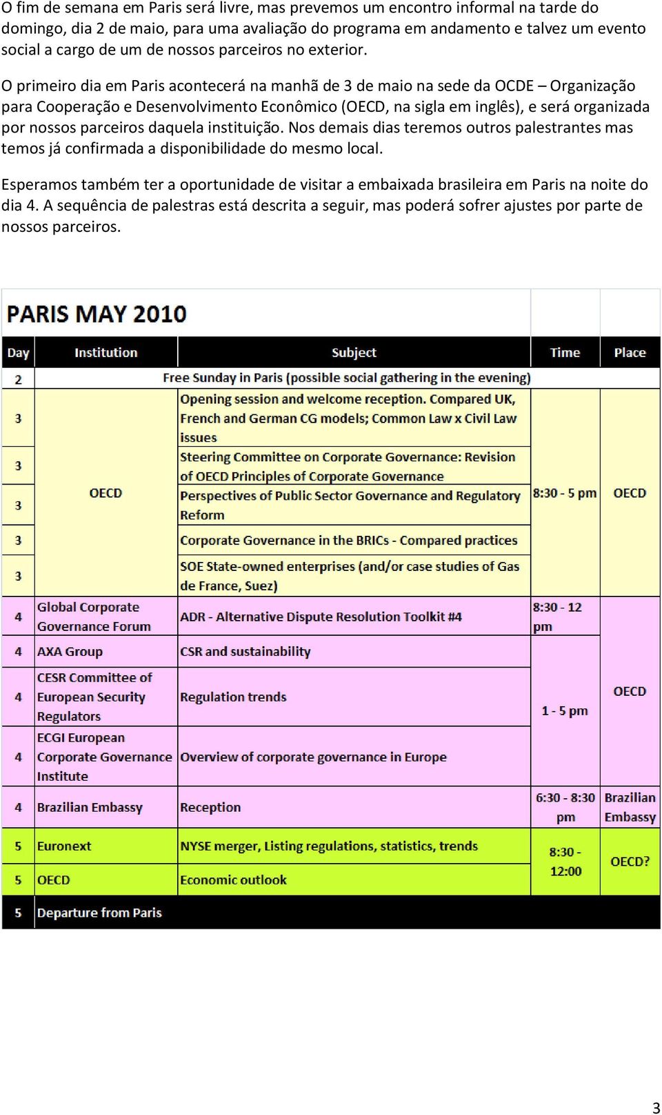 O primeiro dia em Paris acontecerá na manhã de 3 de maio na sede da OCDE Organização para Cooperação e Desenvolvimento Econômico (OECD, na sigla em inglês), e será organizada por nossos