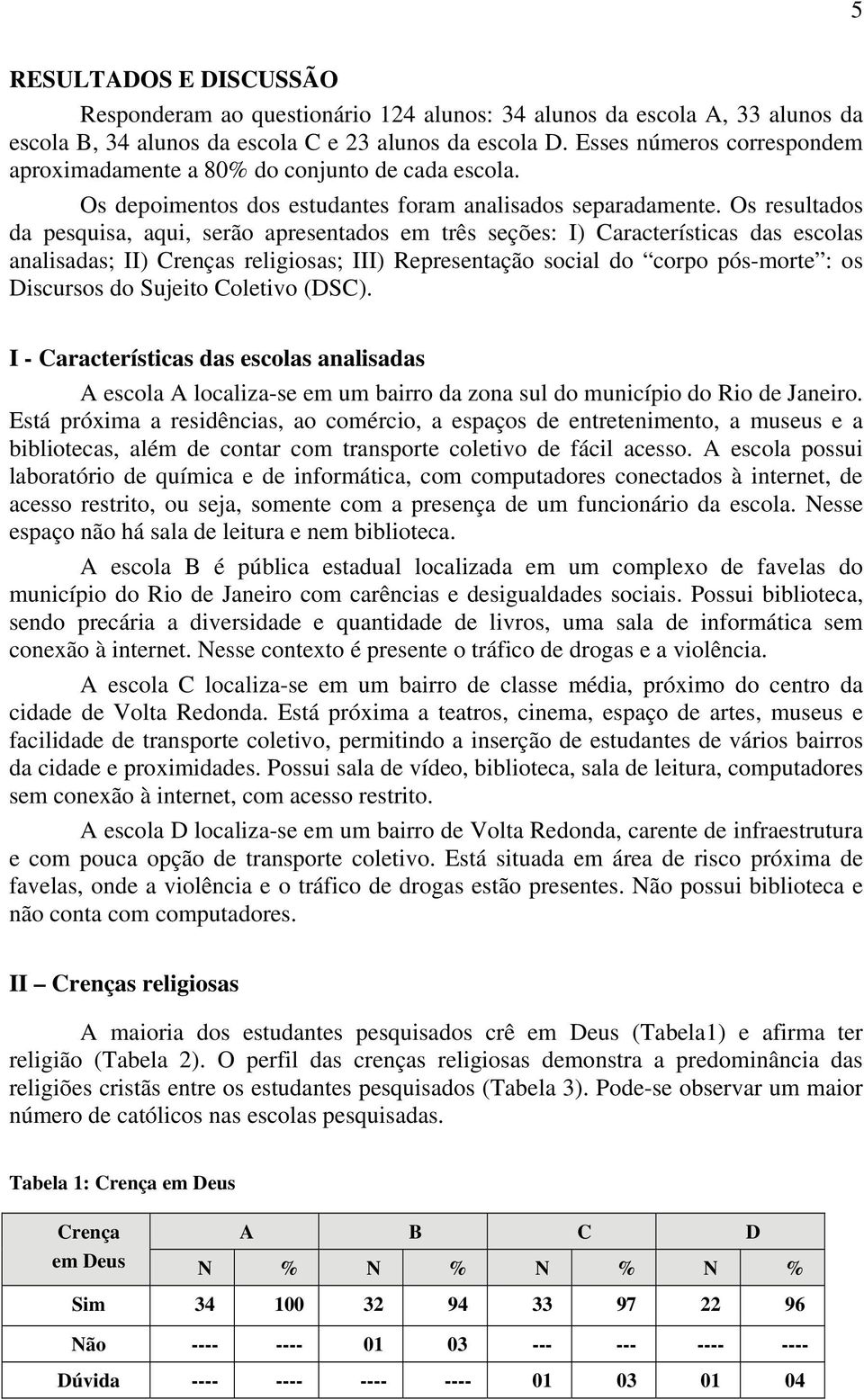 Os resultados da pesquisa, aqui, serão apresentados em três seções: I) Características das escolas analisadas; II) Crenças religiosas; III) Representação social do corpo pós-morte : os Discursos do