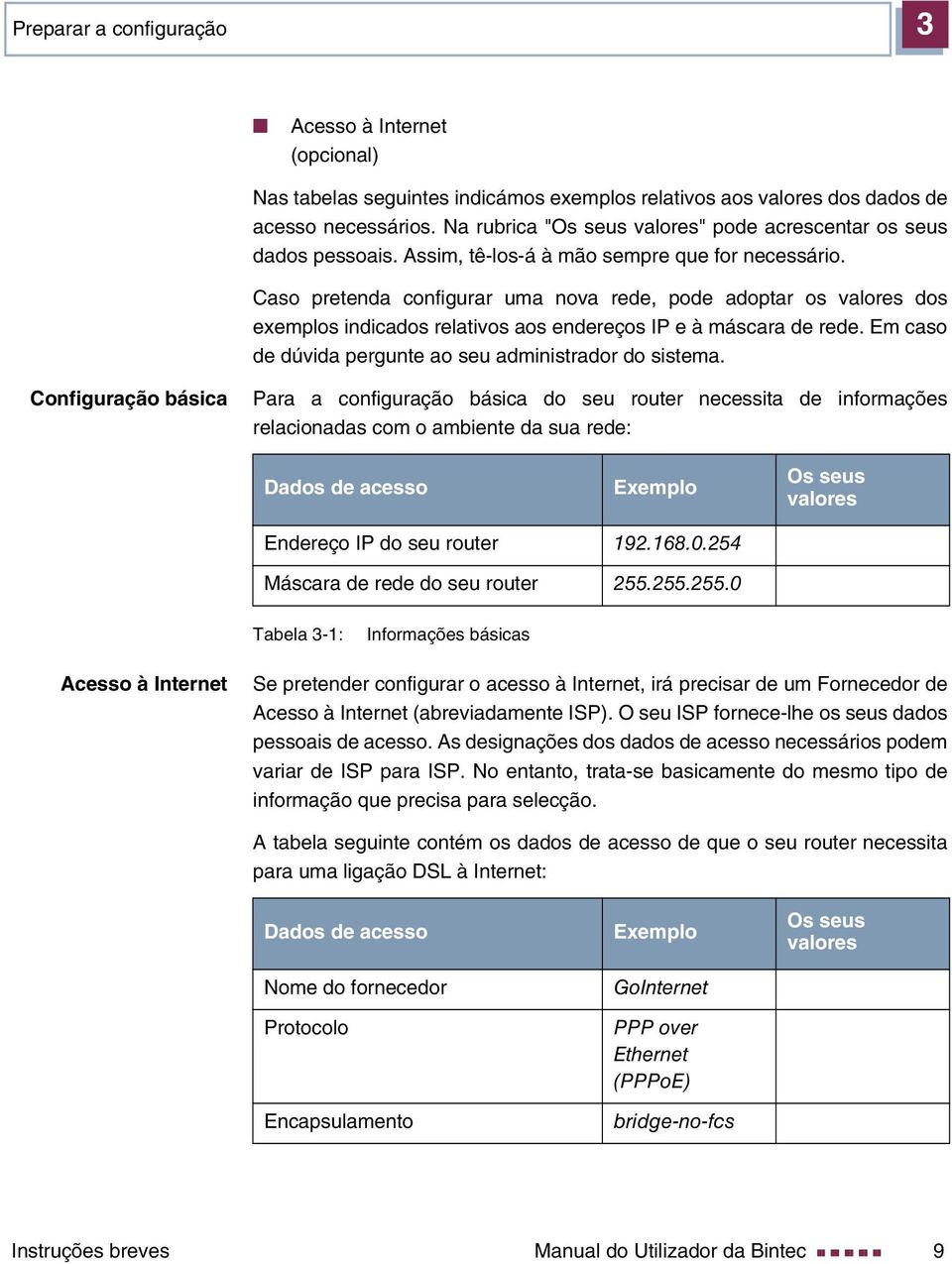 Caso pretenda configurar uma nova rede, pode adoptar os valores dos exemplos indicados relativos aos endereços IP e à máscara de rede. Em caso de dúvida pergunte ao seu administrador do sistema.