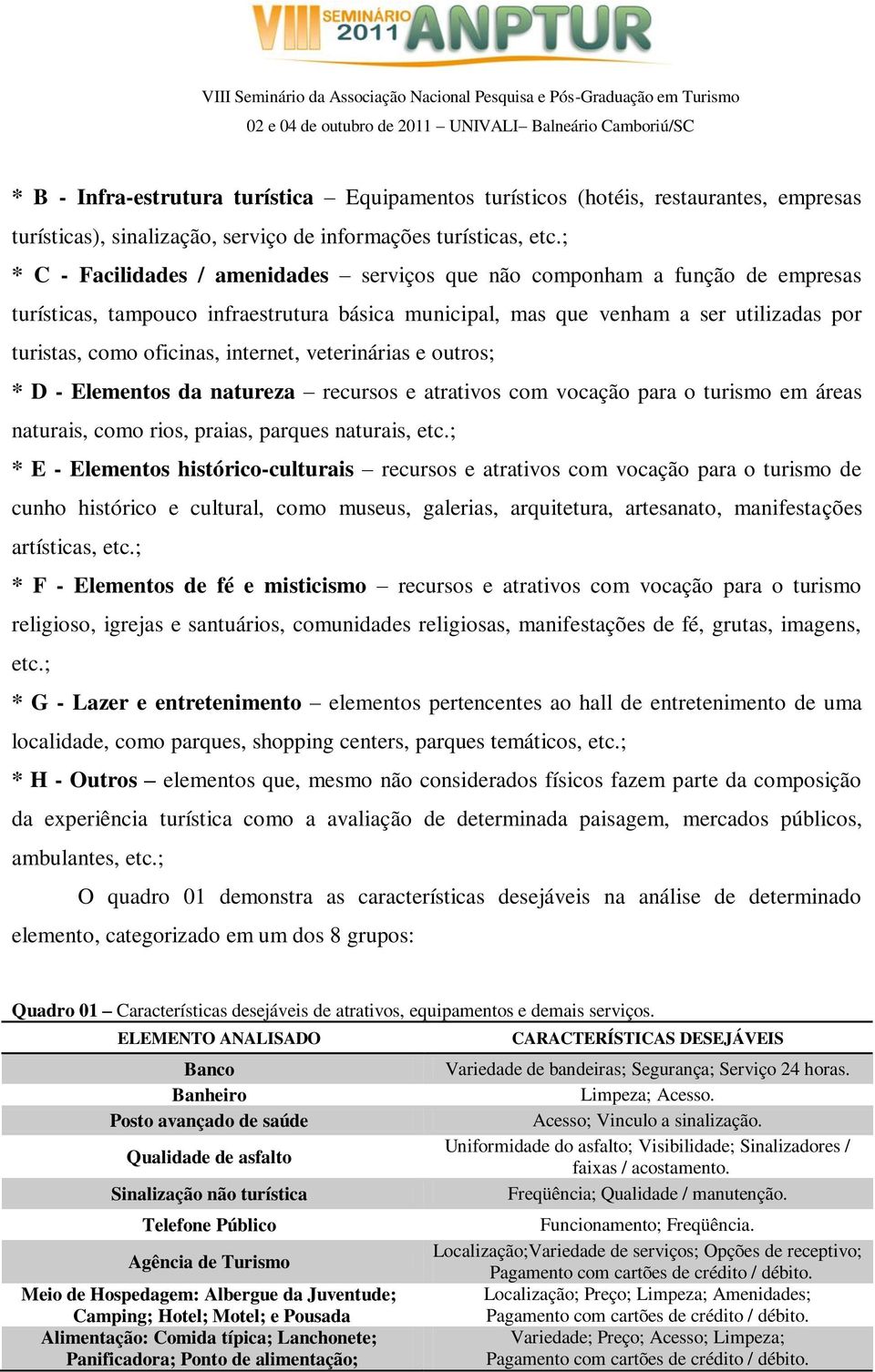 internet, veterinárias e outros; * D - Elementos da natureza recursos e atrativos com vocação para o turismo em áreas naturais, como rios, praias, parques naturais, etc.