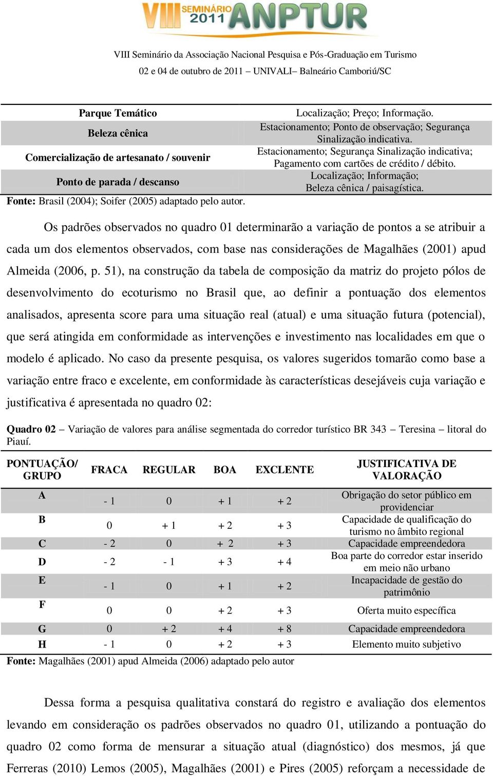 Os padrões observados no quadro 01 determinarão a variação de pontos a se atribuir a cada um dos elementos observados, com base nas considerações de Magalhães (2001) apud Almeida (2006, p.