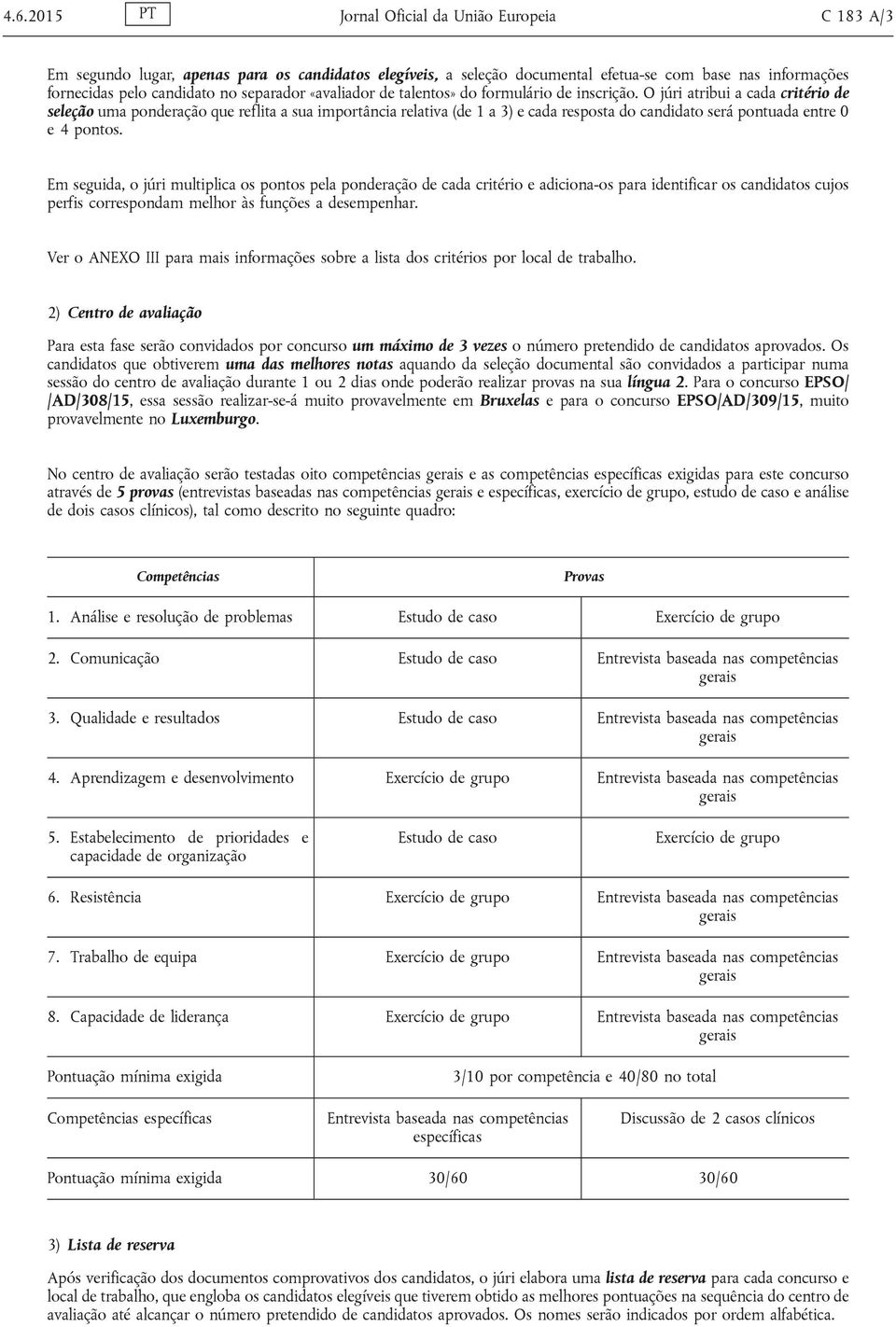 O júri atribui a cada critério de seleção uma ponderação que reflita a sua importância relativa (de 1 a 3) e cada resposta do candidato será pontuada entre 0 e 4 pontos.