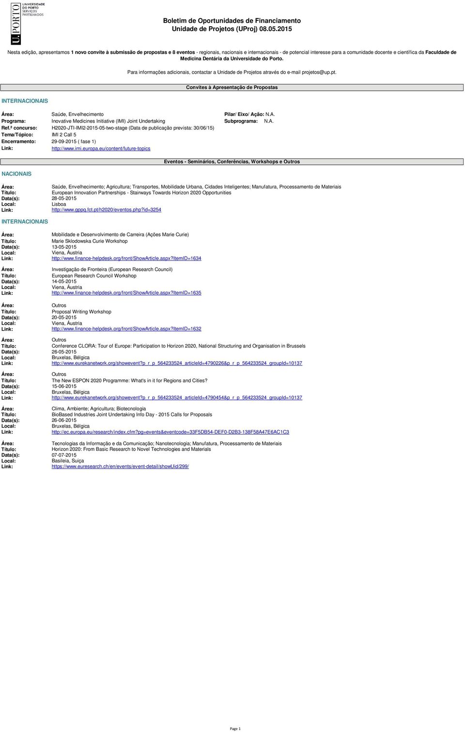 ª concurso: H2020-JTI-IMI2-2015-05-two-stage (Data de publicação prevista: 30/06/15) IMI 2 Call 5 29-09-2015 ( fase 1) http://www.imi.europa.