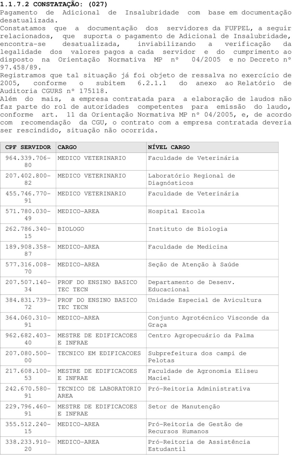 legalidade dos valores pagos a cada servidor e do cumprimento ao disposto na Orientação Normativa MP nº 04/2005 e no Decreto nº 97.458/89.