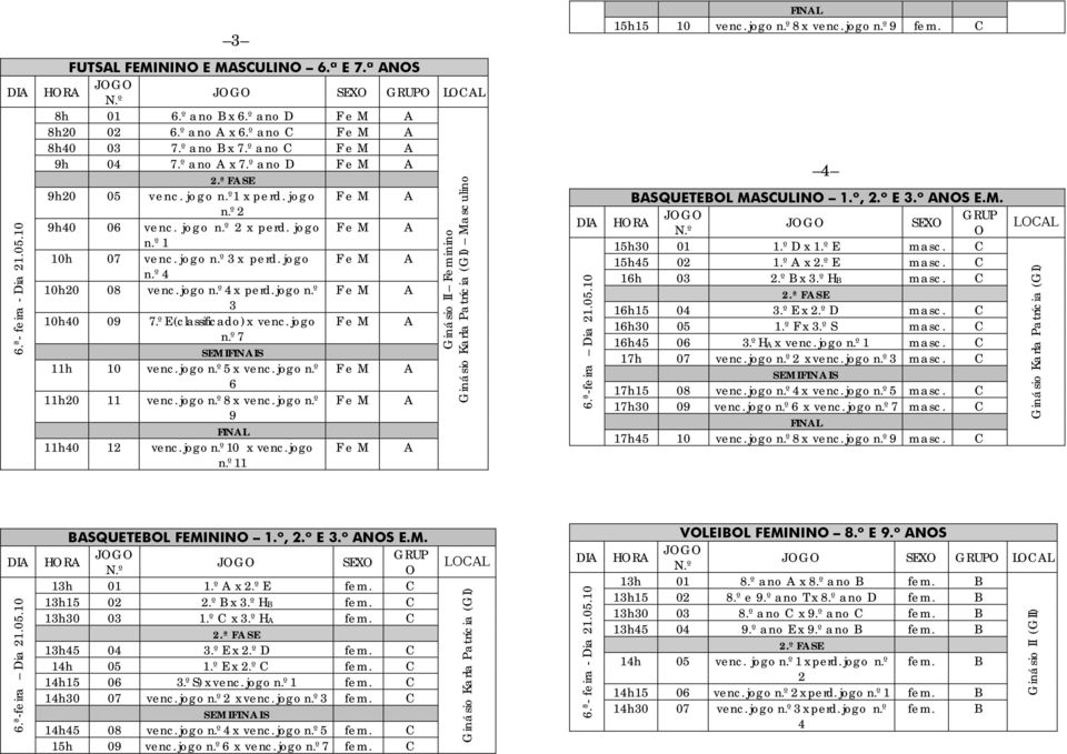 º E (classificado) x venc. jogo n.º h 10 venc. jogo n.º 5 x venc. jogo n.º 6 h20 venc. jogo n.º 8 x venc. jogo n.º 9 h40 12 venc. jogo n.º 10 x venc. jogo n.º Ginásio II Feminino Masculino 6.