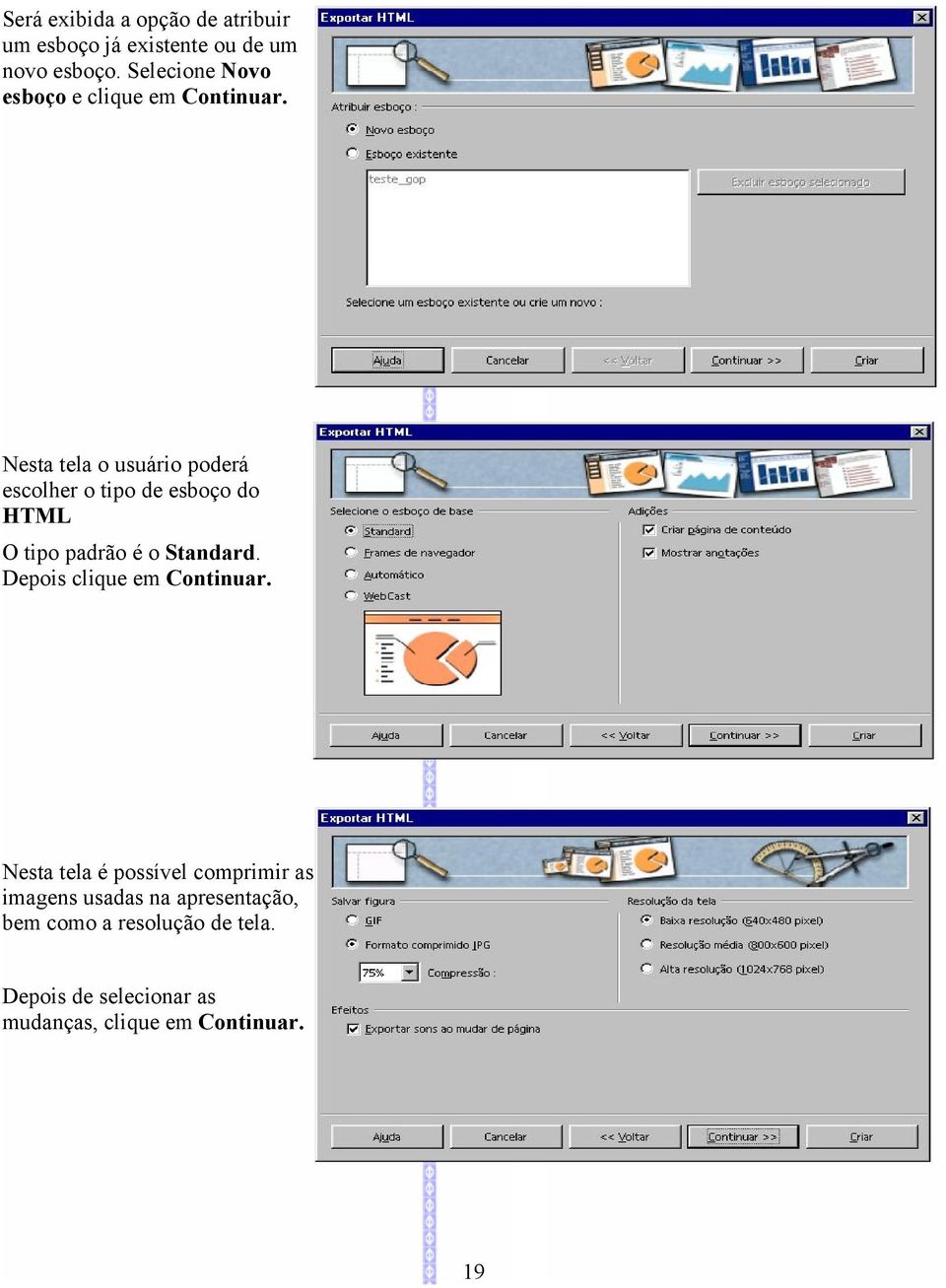 Nesta tela o usuário poderá escolher o tipo de esboço do HTML O tipo padrão é o Standard.