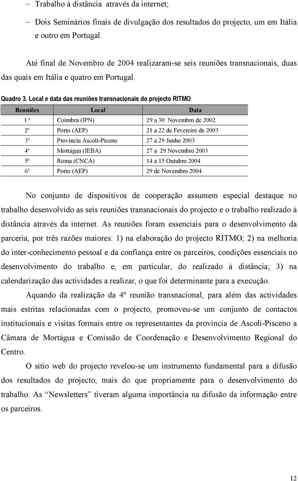 Local e data das reuniões transnacionais do projecto RITMO Reuniões Local Data 1 ª Coimbra (IPN) 29 a 30 Novembro de 2002 2ª Porto (AEP) 21 a 22 de Fevereiro de 2003 3ª Província Ascoli-Piceno 27 a
