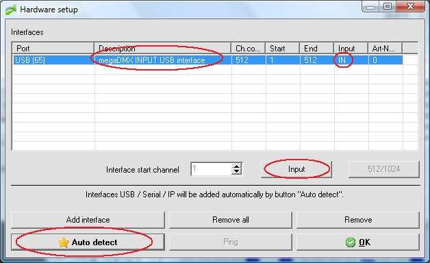 Esta janela pode ser acessada pelo menu Interfaces dentro do software. Na versão do software megadmx 2.000 e anteriores: Ao clicar no botão Procurar interface automaticamente.