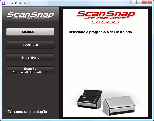 Instalando no Windows 4. Clique o botão [Scan to Microsoft SharePoint]. Exemplo: Janela [Install Products] do S1500 A instalação será iniciada. 5.