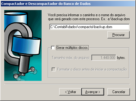 5. Caso você queira armazenar o arquivo compactado em disquetes, selecione o quadro Gerar múltiplos discos. 6. No campo Tamanho máx.