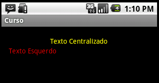 android:text="texto Centralizado" android:textcolor="#ffff00" android:layout_height="wrap_content" android:layout_x="100px" android:layout_y="20px" <TextView android:text="texto Esquerdo"