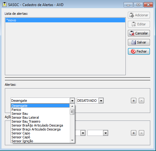 Aba Cadastro Alertas AVD No campo Alertas, será possível escolher o tipo de alerta a ser criado.