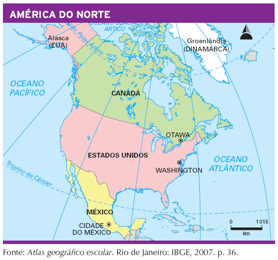 Politicamente, a América é dividida em três sub-continentes: América do Norte, América Central e América do Sul; A América do Norte é formada por três países: Canadá, Estados Unidos e México; Estados