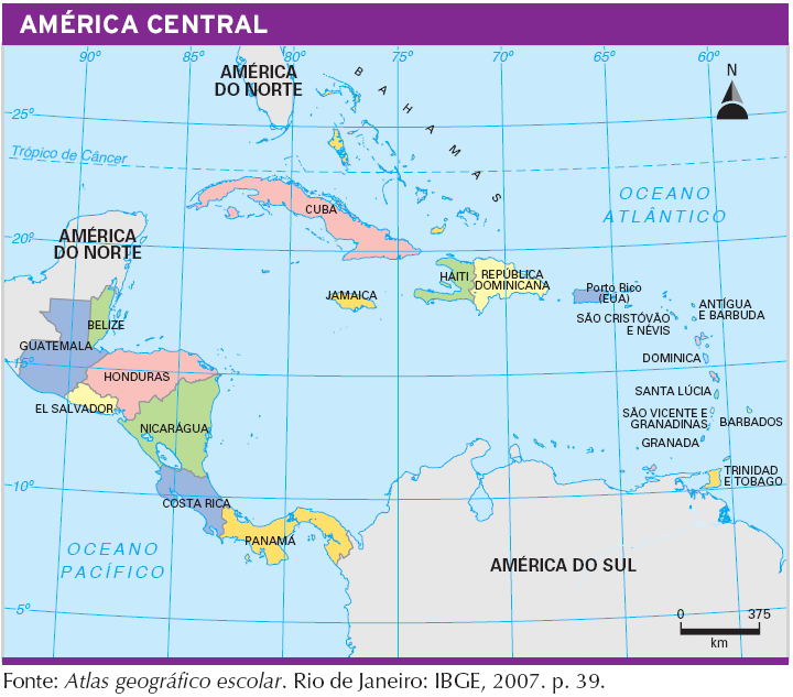 A América Central é constituída por uma parte continental e uma porção insular composta pelas ilhas localizadas no mar