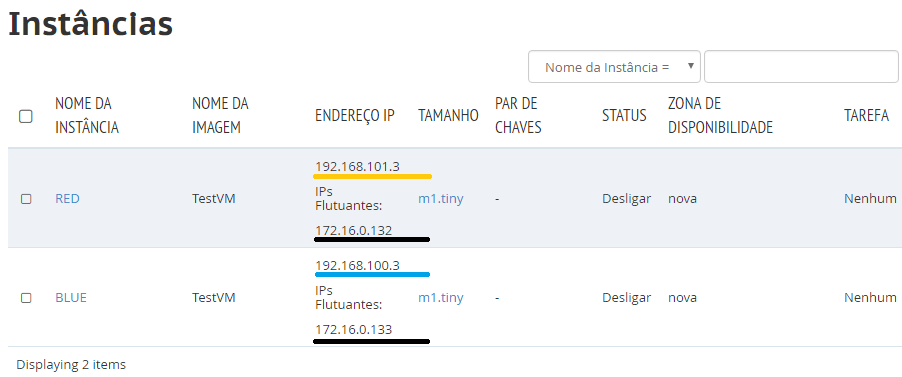 Para designar um floating IP para uma instância, primeiro você deverá iniciá-la e depois selecionar Associar IP flutuante no combo lateral na lista de