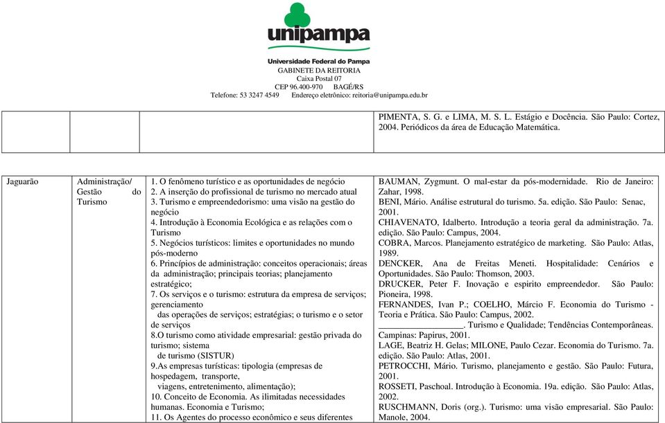 Introdução à Economia Ecológica e as relações com o Turismo 5. Negócios turísticos: limites e oportunidades no mundo pós-moderno 6.