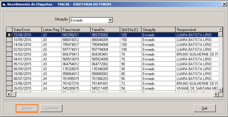 Figura 24 Tela de Recebimento de Etiquetas.