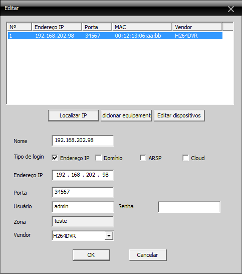 5º Continuação: DVR com mensagem no monitor O CMS deverá localizar o IP do DVR então de um duplo clique para copiar as informações nos campos abaixo, caso a faixa de IP esteja diferente do