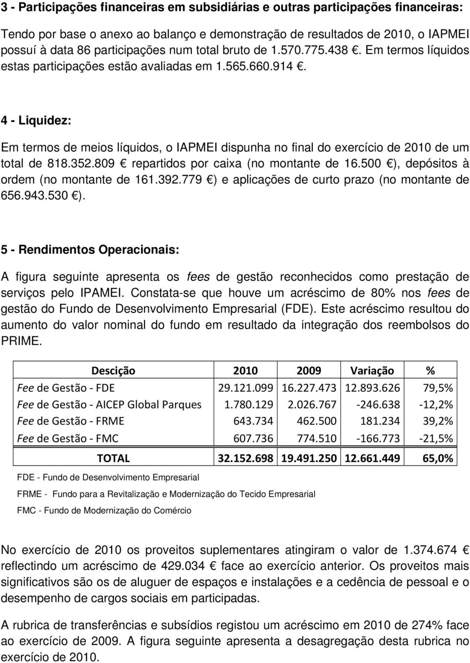 4 - Liquidez: Em termos de meios líquidos, o IAPMEI dispunha no final do exercício de 2010 de um total de 818.352.809 repartidos por caixa (no montante de 16.