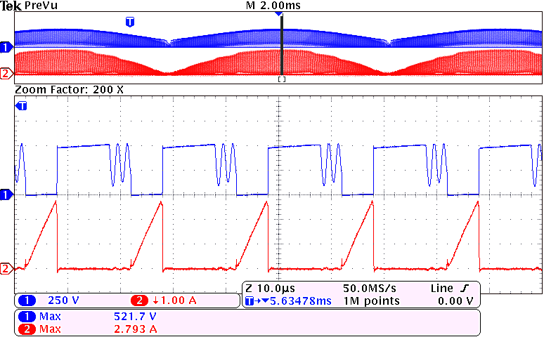 Figura 60. Tensão(CH1-250V/div) e corrente (CH2-1A/div) no MOSFET. Escala de tempo: 10 μs/div.