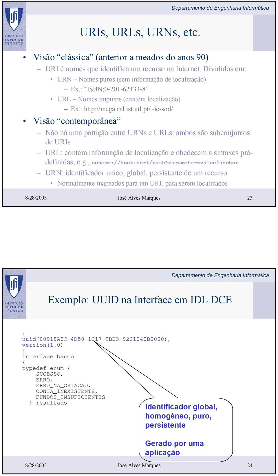 pt/~ic-sod/ Visão contemporânea Não há uma partição entre URNs e URLs: ambos são subconjuntos de URIs URL: contêm informação de localização e obedecem a sintaxes prédefinidas, e.g.