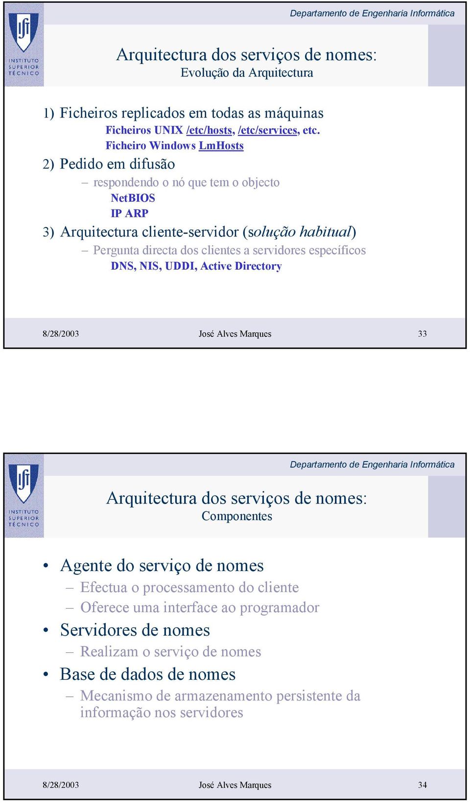 servidores específicos DNS, NIS, UDDI, Active Directory 8/28/2003 José Alves Marques 33 Arquitectura dos serviços de nomes: Componentes Agente do serviço de nomes Efectua o