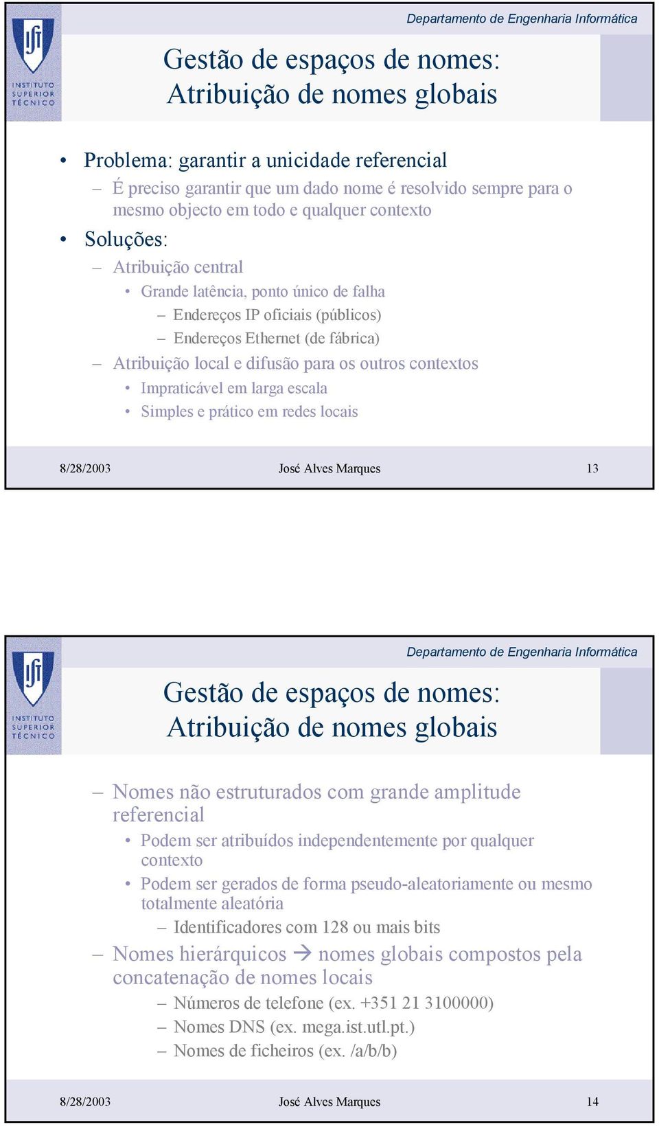 Impraticável em larga escala Simples e prático em redes locais 8/28/2003 José Alves Marques 13 Gestão de espaços de nomes: Atribuição de nomes globais Nomes não estruturados com grande amplitude