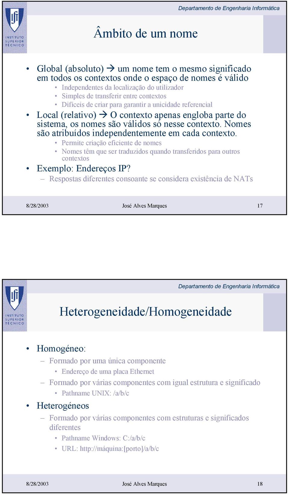 Nomes são atribuídos independentemente em cada contexto. Permite criação eficiente de nomes Nomes têm que ser traduzidos quando transferidos para outros contextos Exemplo: Endereços IP?