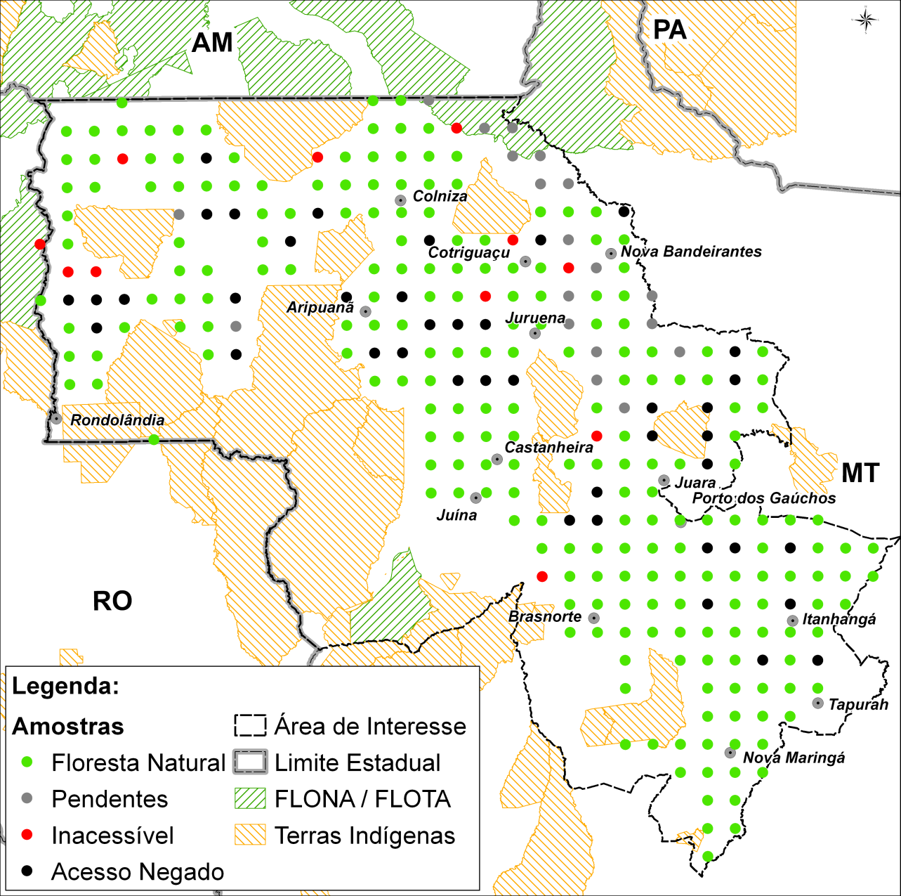 ABRANGÊNCIA MATO GROSSO CATEGORIA N º DE CONGLOMERADOS ABS % Mensurado 221 75,7 Floresta Natural 155 70,1 Área Antrópica