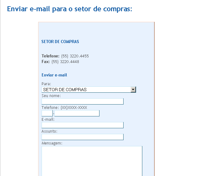 07 CONTATO COM O SETOR DE COMPRAS: Através desta tela será possível o envio de e-mail diretamente para o Setor de Compras.