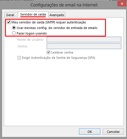 Clique em Servidor de Saída e marque a caixa de seleção, conforme abaixo: Depois clique em Avançado. POP3 Se você escolheu o servidor POP3, siga os valores e configurações a seguir.