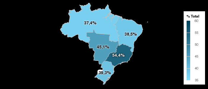 CULTURA ESPORTE LAZER PERCENTUAL DE PESSOAS SEDENTÁRIAS - 2013 ESTE INDICADOR POSSUI INFORMAÇÕES APENAS PARA REGIÕES DO BRASIL.