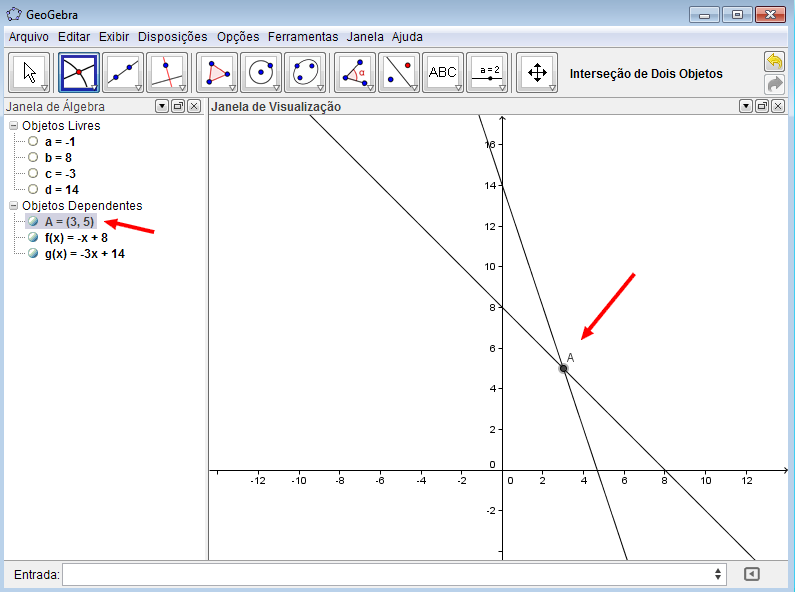 Figura 18: Janela Algébrica Digite no Campo de Entrada g(x) = c*x + d (sem aspas) e aperte na tecla ENTER. Feito! Os gráficos das funções que fazem parte do sistema estão esboçados.