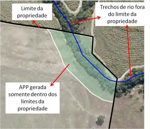 As únicas camadas que o sistema permite que fiquem indicadas fora da propriedade são os corpos d água (rios, nascentes e outros), pois podem gerar APP dentro da propriedade (imagem abaixo).