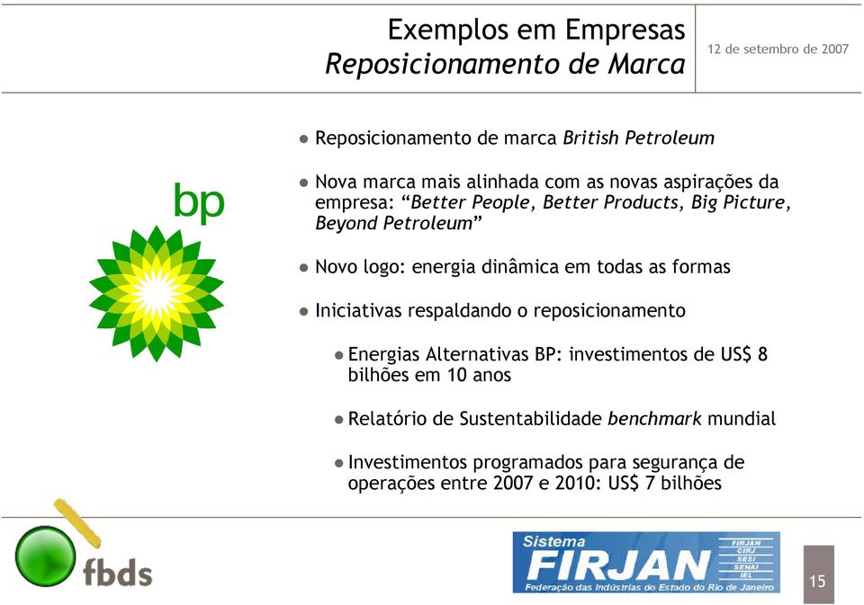 as formas Iniciativas respaldando o reposicionamento Energias Alternativas BP: investimentos de US$ 8 bilhões em 10 anos