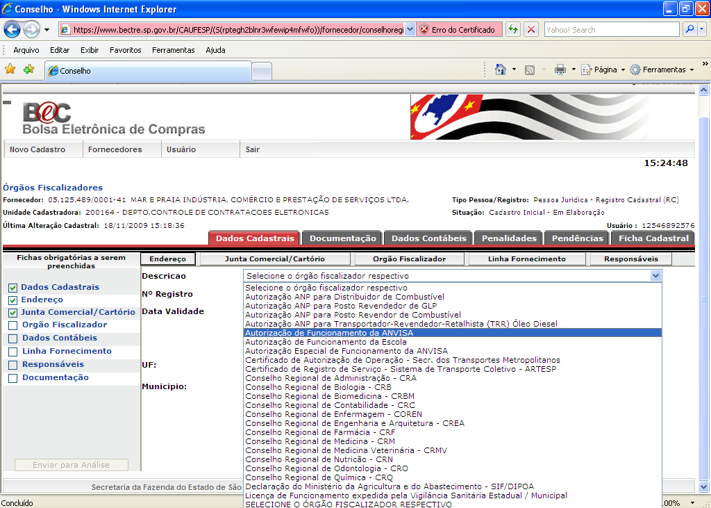 No campo Descrição, clique no órgão fiscalizador respectivo.