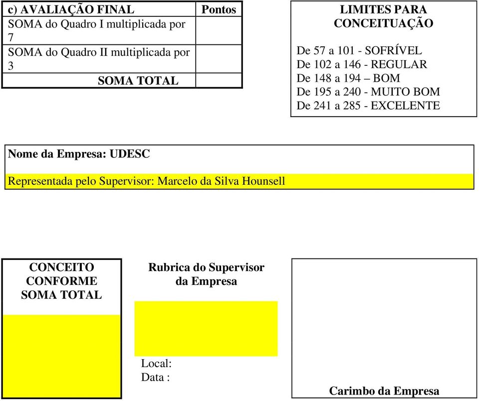 MUITO BOM De 24 a 285 - ECELENTE Nome da Empresa: UDESC Representada pelo Supervisor: Marcelo da Silva