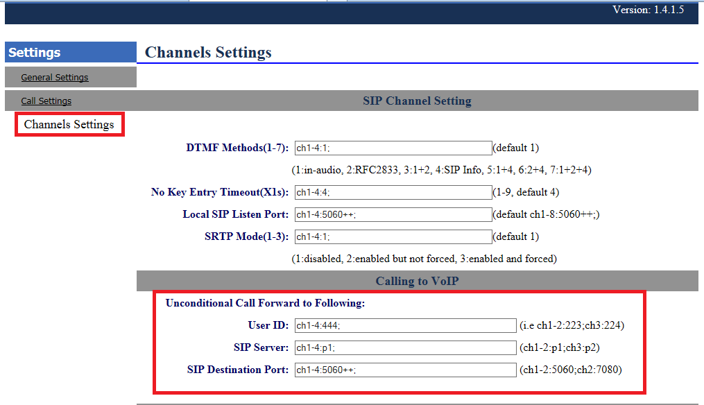 Unconditional Call Forward to VOIP: Extensão de linhas analógicas User ID: ch1-4:444; (ou ch1-8:444; se for o de 8 portas) SIP Server: ch1-4:p1; (ou