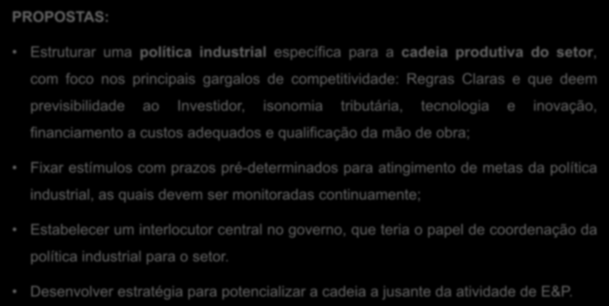 Aprimorar a Política industrial ao setor e à rede de fornecedores PROPOSTAS: Estruturar uma política industrial específica para a cadeia produtiva do setor, com foco nos principais gargalos de