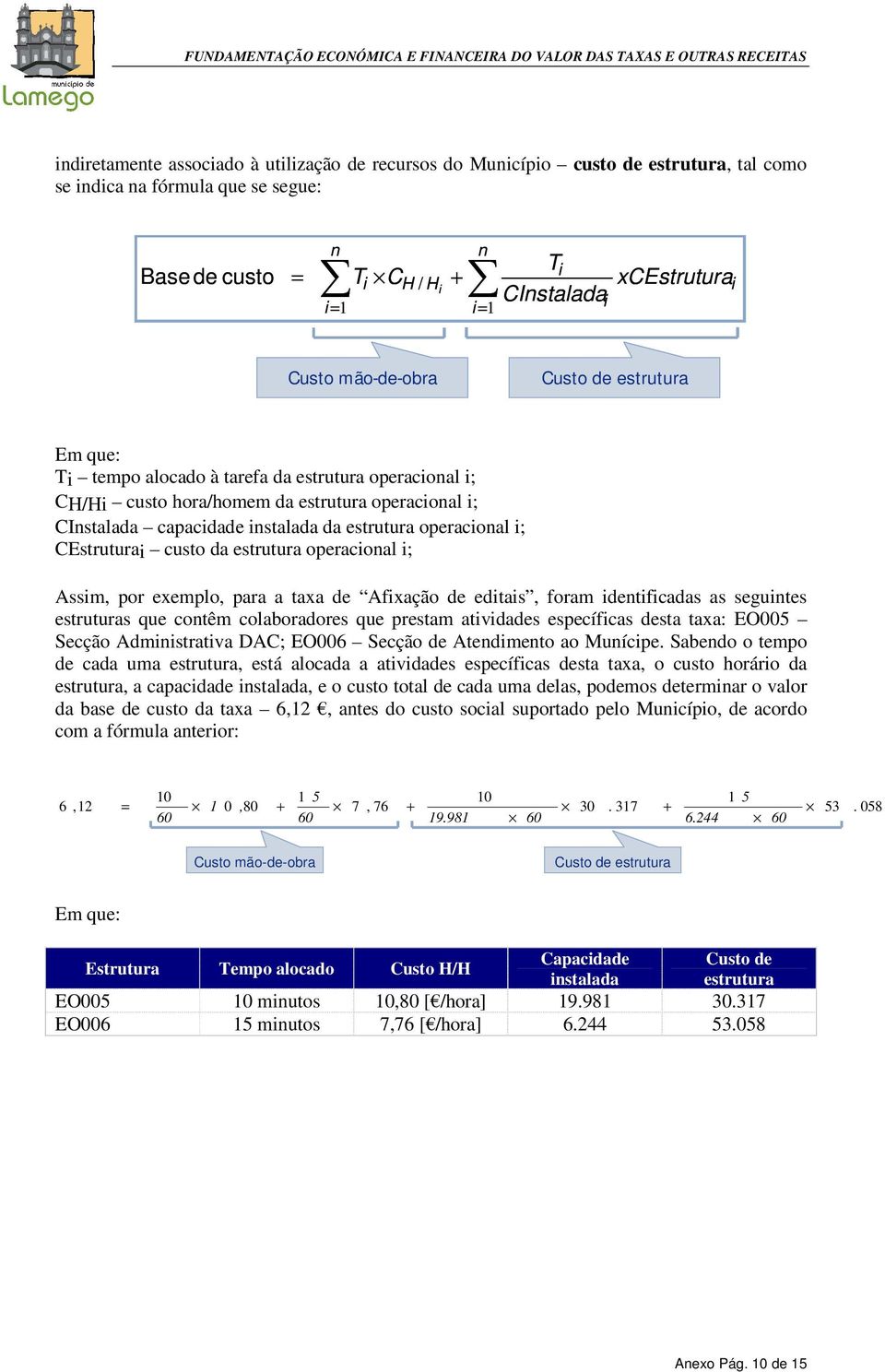 estrutura operacional i; CEstruturai custo da estrutura operacional i; Assim, por exemplo, para a taxa de Afixação de editais, foram identificadas as seguintes estruturas que contêm colaboradores que