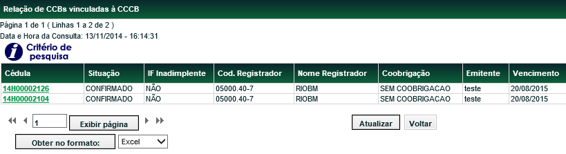 Tela Relação de CCBs Vinculadas à CCCB As Cédulas relacionadas são exibidas com link de acesso aos detalhes do respectivo ativo.