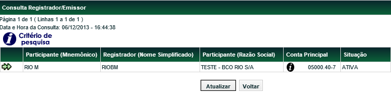 Tela Relação Consulta de Registrador Ao clicar na dupla seta verde é apresentada a tela Consulta Instrumentos Financeiros, onde podem ser consultados os títulos